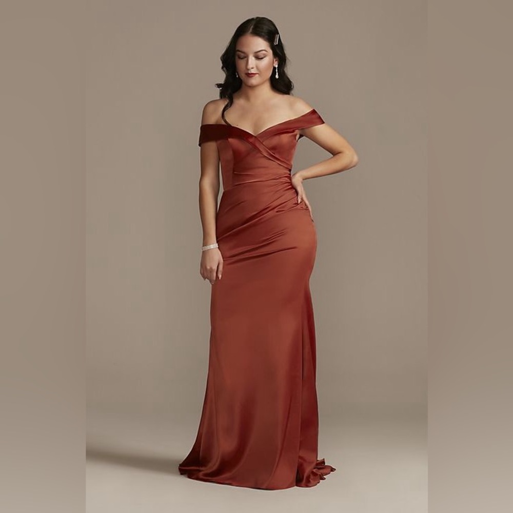 David's Bridal Off-Shoulder Satin Rust Dress